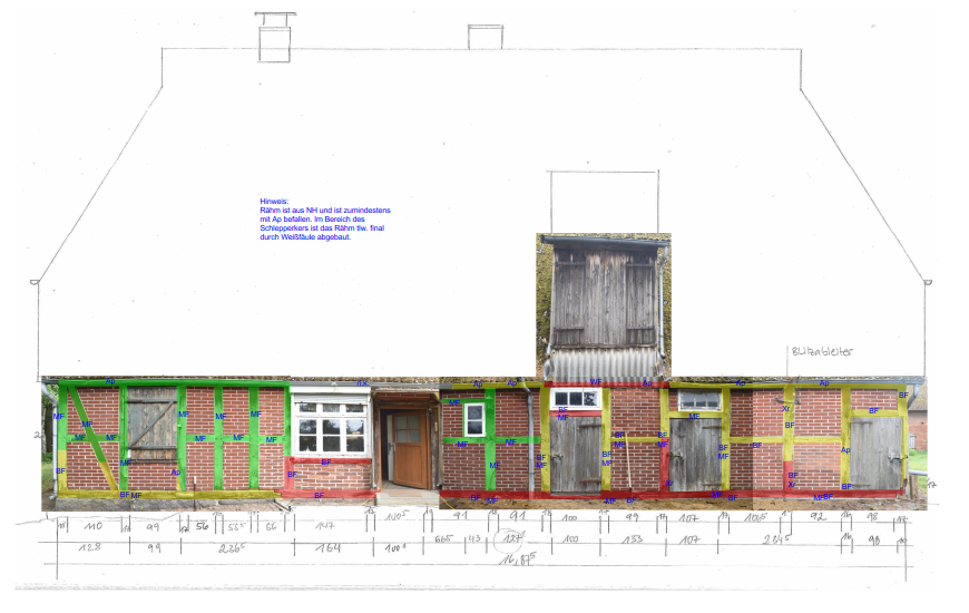 Hybrid-Kartierung Fachwerkfassade &mdash; Befunde farblich markiert